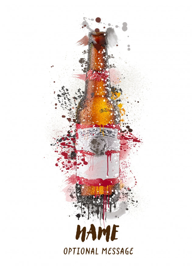 Beer Birthday Card - Brown and Red Watercolour Beer Bottle Greetings Cards