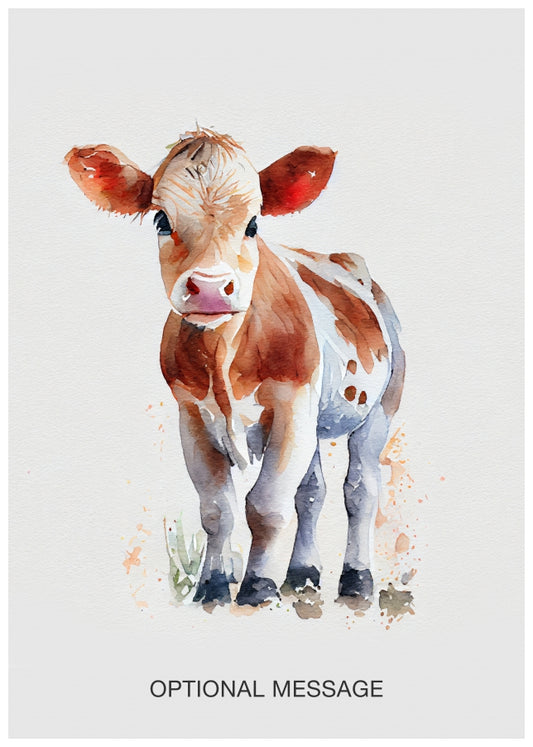 Cute Watercolour Cow Greetings Card for Friends and Family - Farm Calf