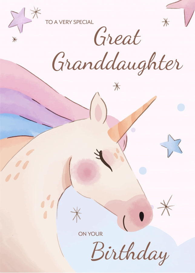 Unicorn Birthday Card for Great Granddaughter Birthday Cards 1st 2nd 3rd