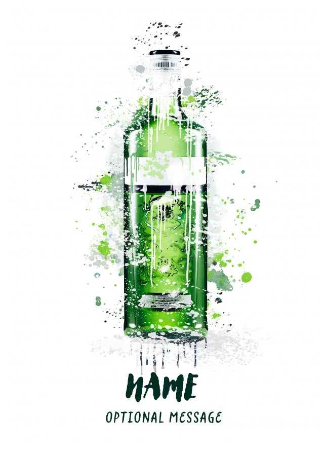 Green Gin Birthday Card - Watercolour Gin Bottle Greetings Card