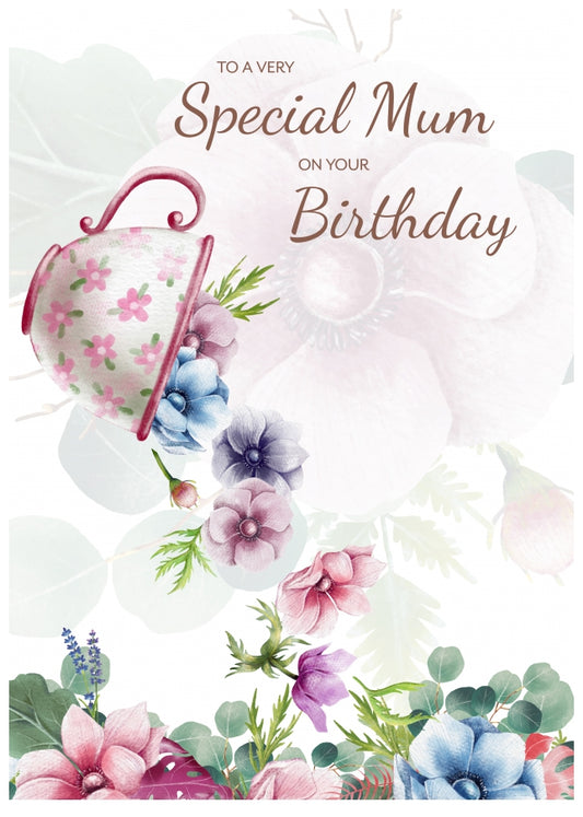 Traditional Mum Birthday Card for Mother Female Adult - Floral Tea Cup