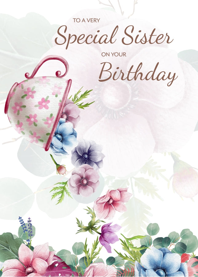 Traditional Sister Birthday Card for Her - Special Sister Floral Tea Cup