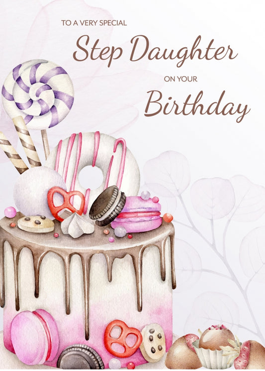 Step Daughter Birthday Card Female - Cake Bday Cards