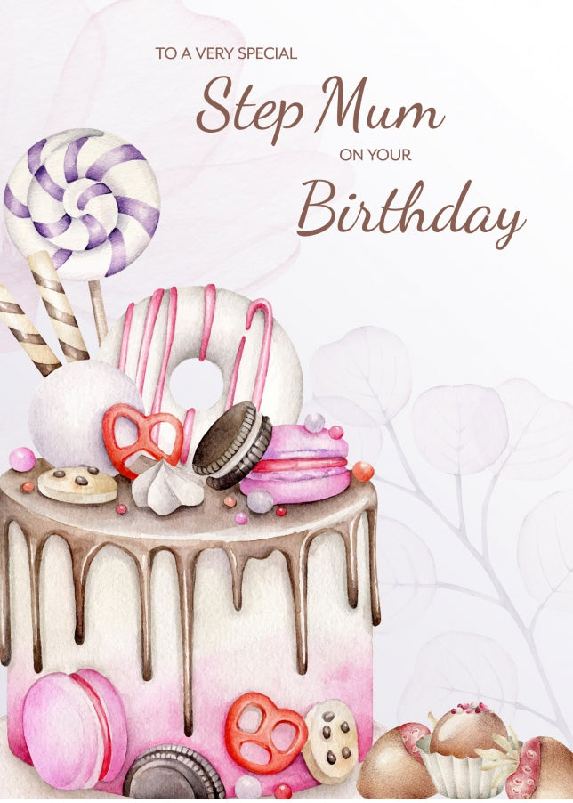 Special Step Mum Birthday Card Female - Cake Bday Cards