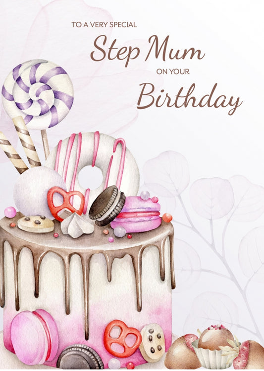 Special Step Mum Birthday Card Female - Cake Bday Cards