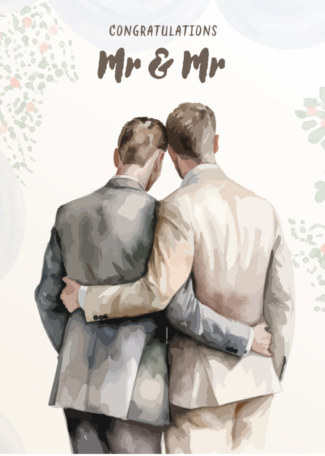 Wedding Cards for Two Grooms - Luxury Watercolour Wedding Day Card for Mr and Mr Couple