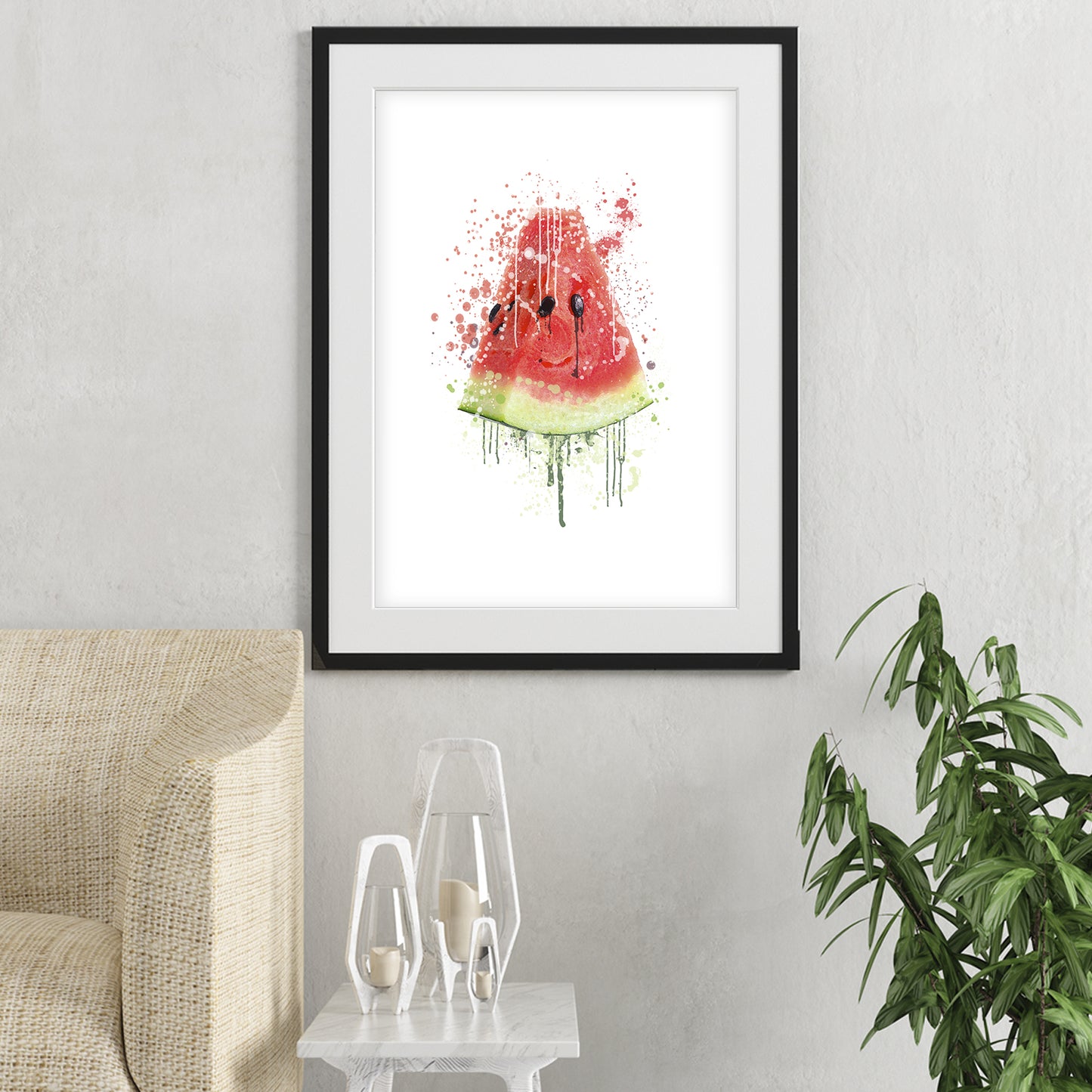 watermelon wall art shown in a living room