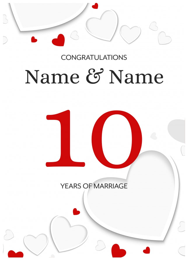 White Hearts 10 Years of Marriage Card for Couples