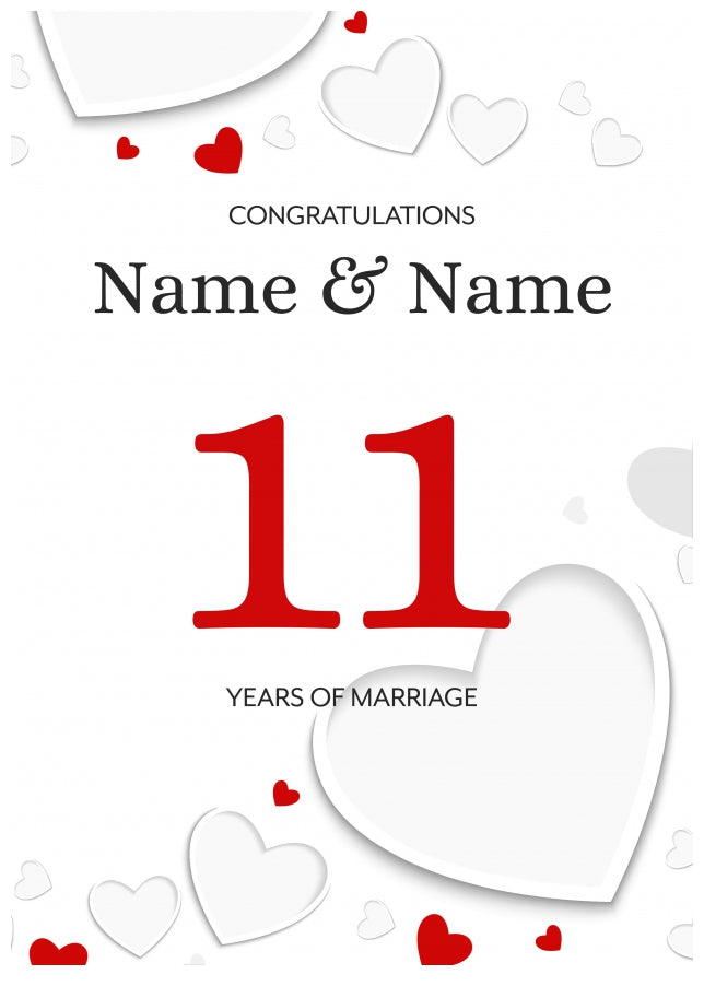 White Hearts 11 Years of Marriage Card for Couples