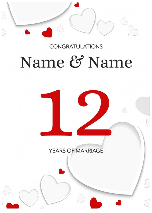 White Hearts 12 Years of Marriage Card for Couples