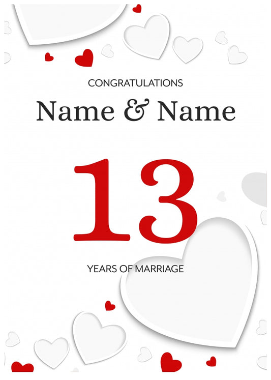 White Hearts 13 Years of Marriage Card for Couples