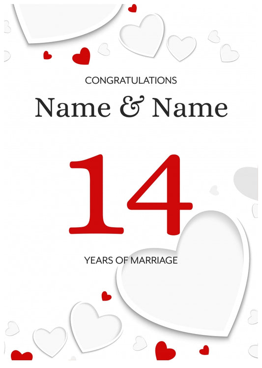 White Hearts 14 Years of Marriage Card for Couples