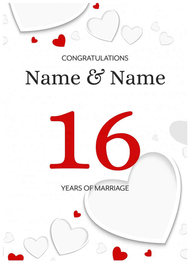 White Hearts 16 Years of Marriage Card for Couples