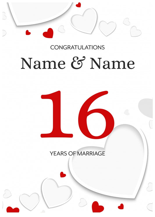 White Hearts 16 Years of Marriage Card for Couples