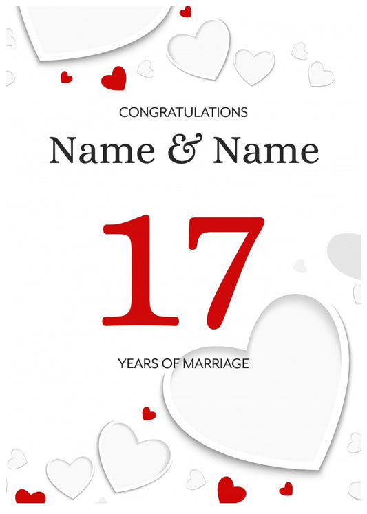 White Hearts 17 Years of Marriage Card for Couples