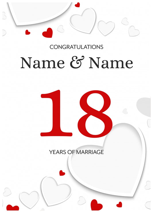 White Hearts 18 Years of Marriage Card for Couples