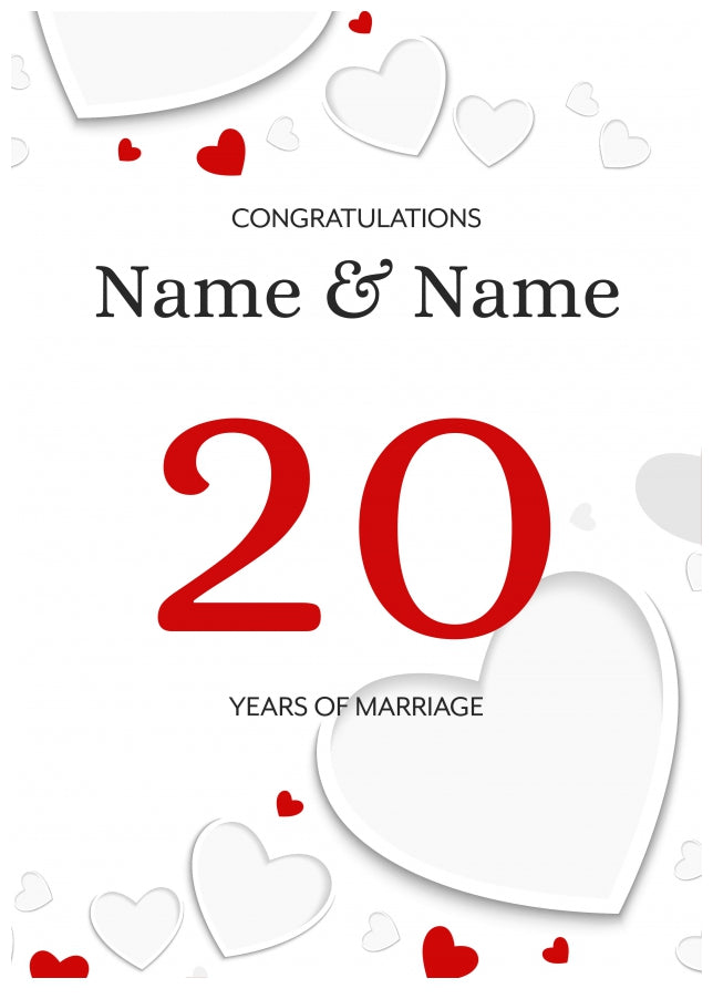 White Hearts 20 Years of Marriage Card for Couples