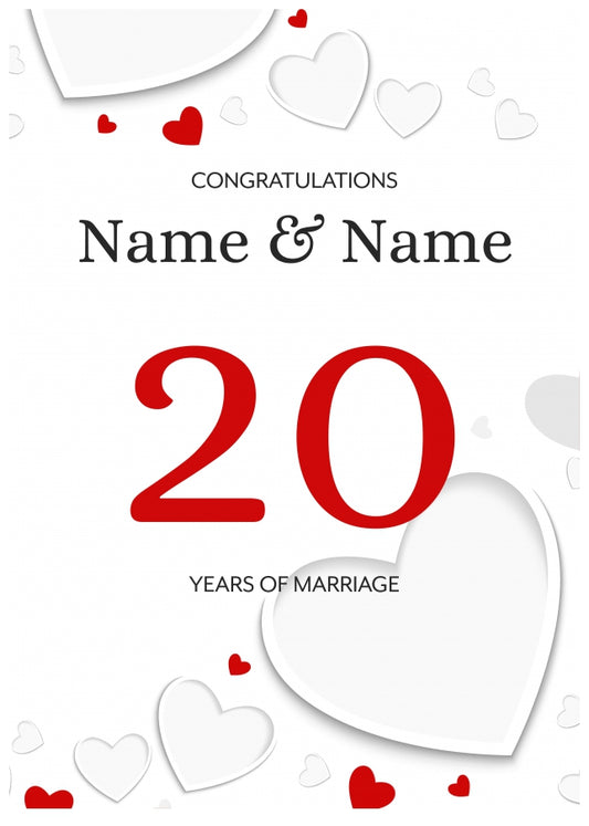 White Hearts 20 Years of Marriage Card for Couples