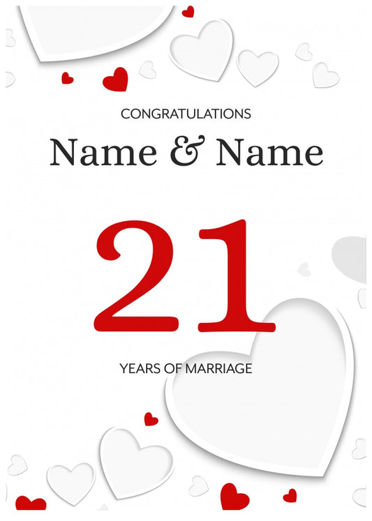 White Hearts 21 Years of Marriage Card for Couples