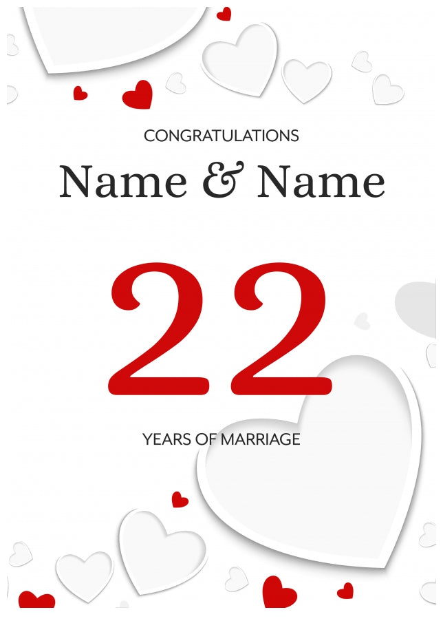 White Hearts 22 Years of Marriage Card for Couples