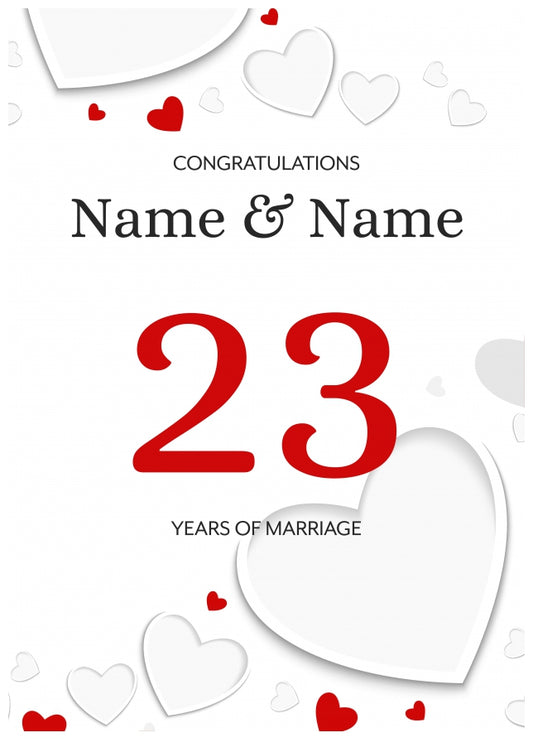 White Hearts 23 Years of Marriage Card for Couples