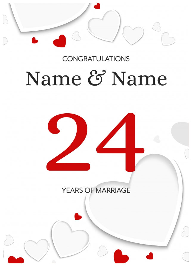 White Hearts 24 Years of Marriage Card for Couples