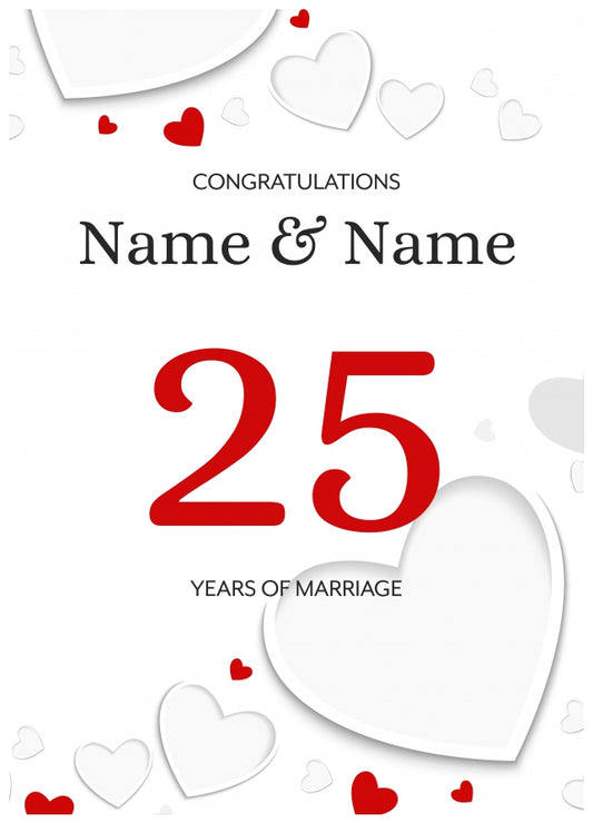 White Hearts 25 Years of Marriage Card for Couples