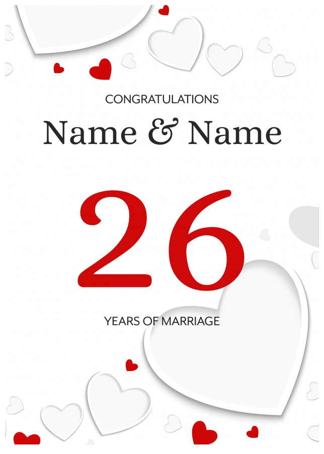 White Hearts 26 Years of Marriage Card for Couples