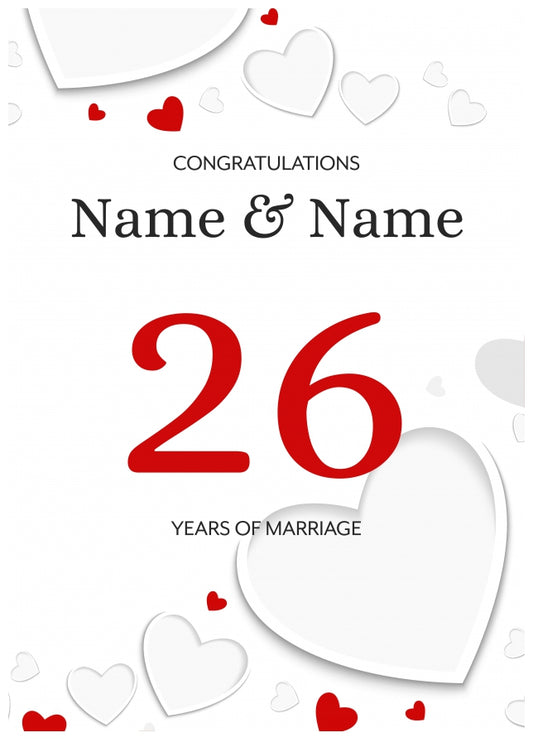 White Hearts 26 Years of Marriage Card for Couples