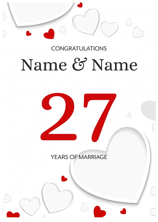 White Hearts 27 Years of Marriage Card for Couples