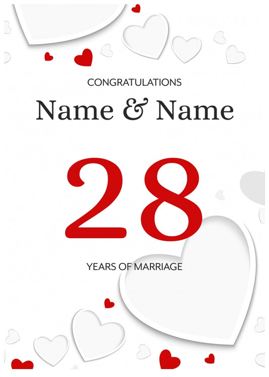 White Hearts 28 Years of Marriage Card for Couples