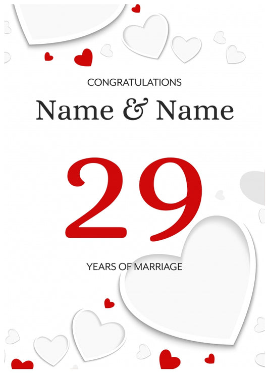 White Hearts 29 Years of Marriage Card for Couples