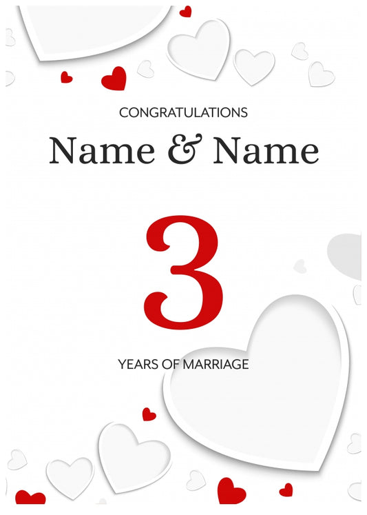 White Hearts 3 Years of Marriage Card for Couples