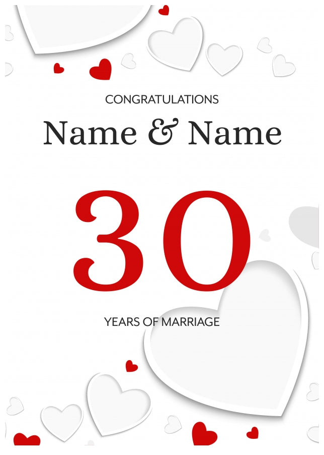 White Hearts 30 Years of Marriage Card for Couples