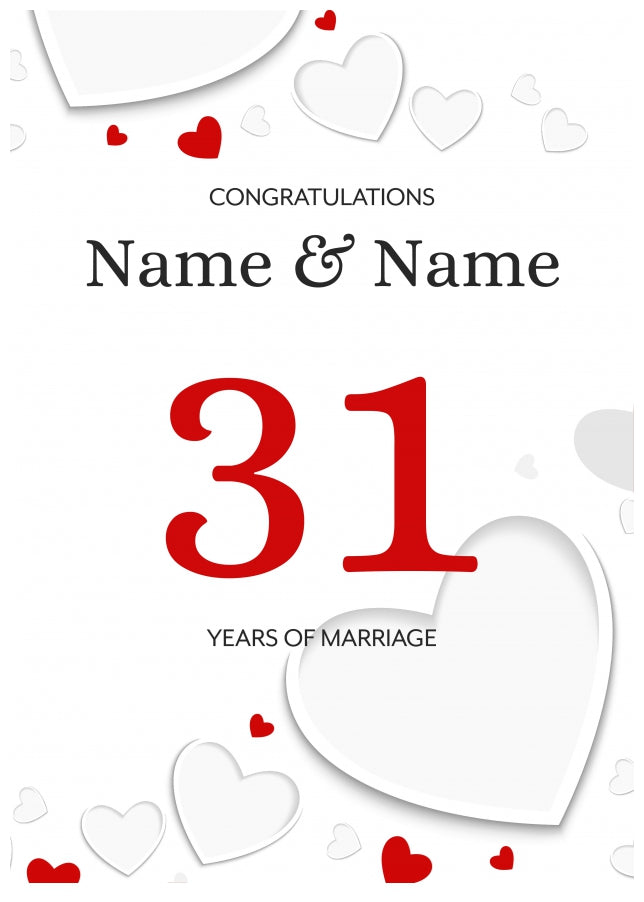 White Hearts 31 Years of Marriage Card for Couples