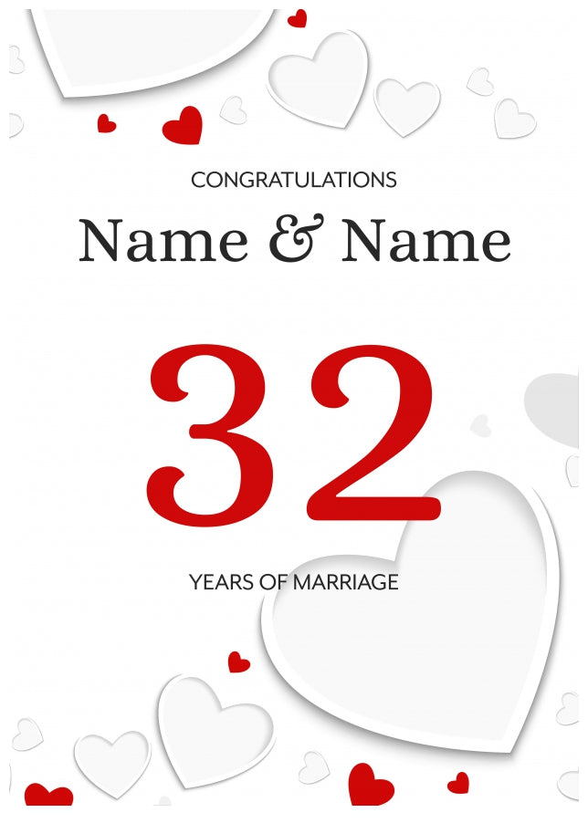 White Hearts 32 Years of Marriage Card for Couples