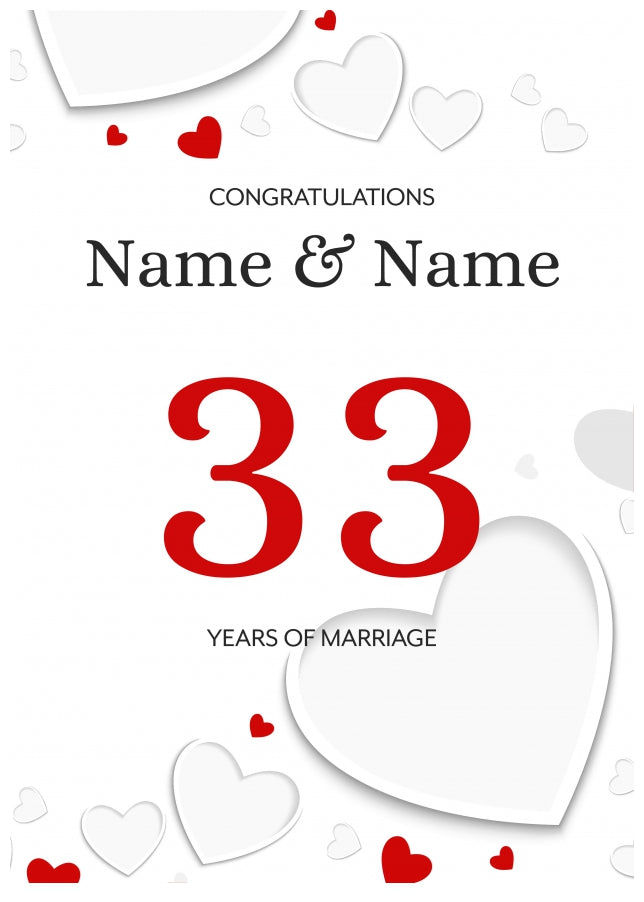 White Hearts 33 Years of Marriage Card for Couples