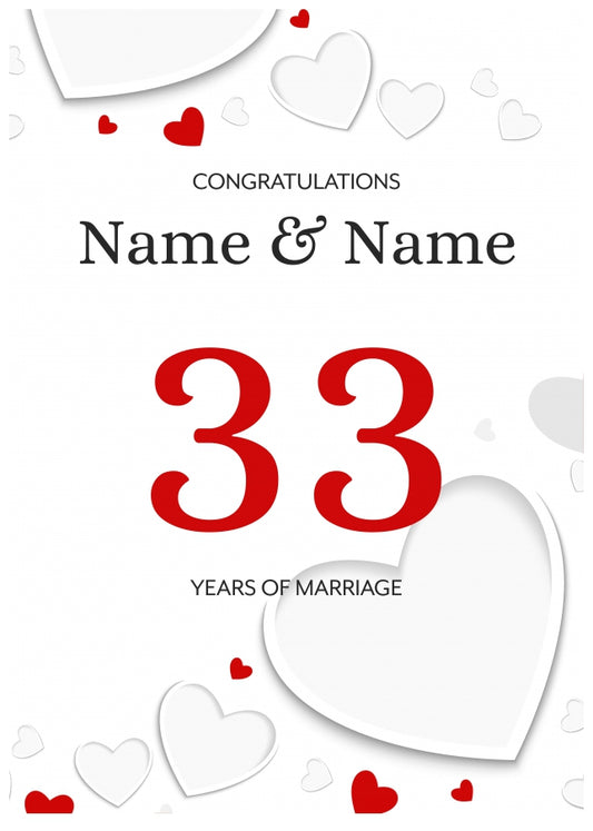 White Hearts 33 Years of Marriage Card for Couples