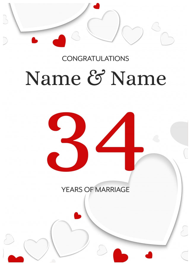 White Hearts 34 Years of Marriage Card for Couples