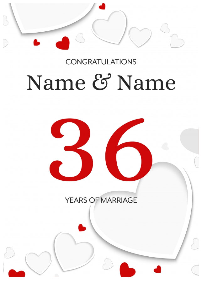 White Hearts 36 Years of Marriage Card for Couples