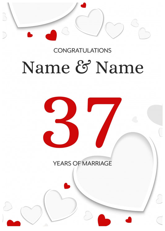 White Hearts 37 Years of Marriage Card for Couples