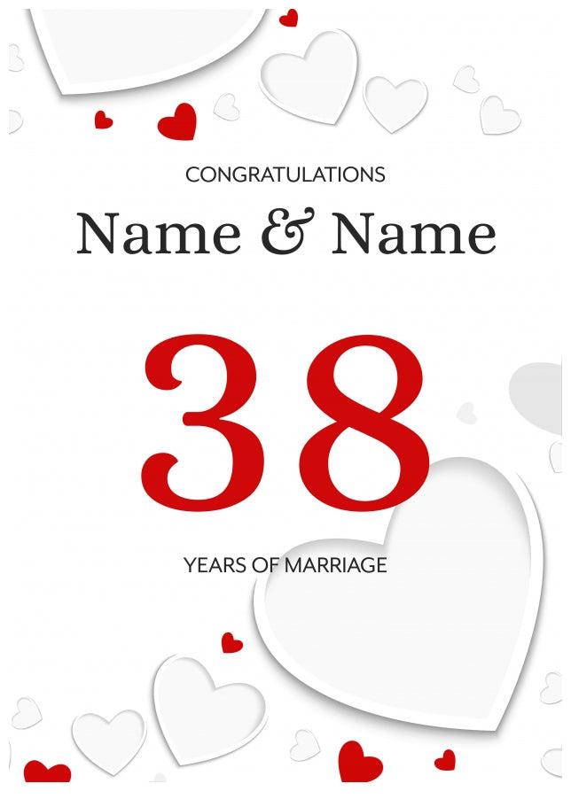 White Hearts 38 Years of Marriage Card for Couples