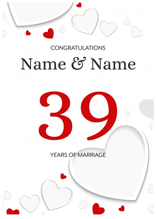 White Hearts 39 Years of Marriage Card for Couples