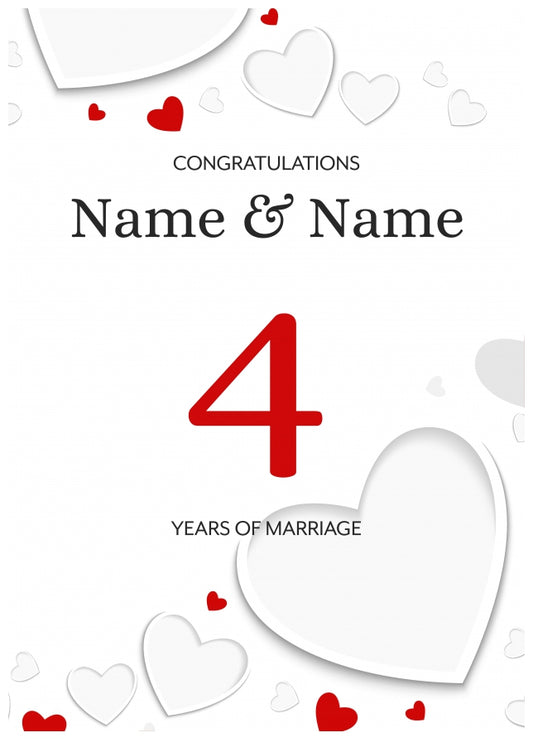 White Hearts 4 Years of Marriage Card for Couples