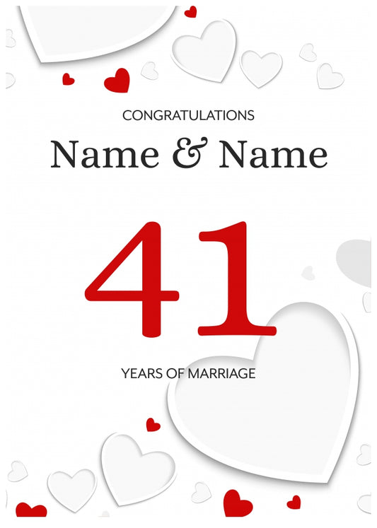 White Hearts 41 Years of Marriage Card for Couples