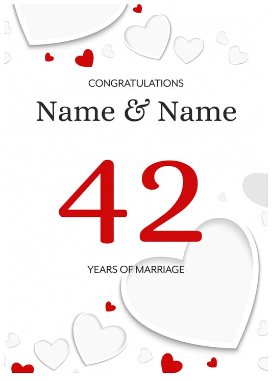 White Hearts 42 Years of Marriage Card for Couples