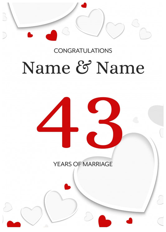 White Hearts 43 Years of Marriage Card for Couples