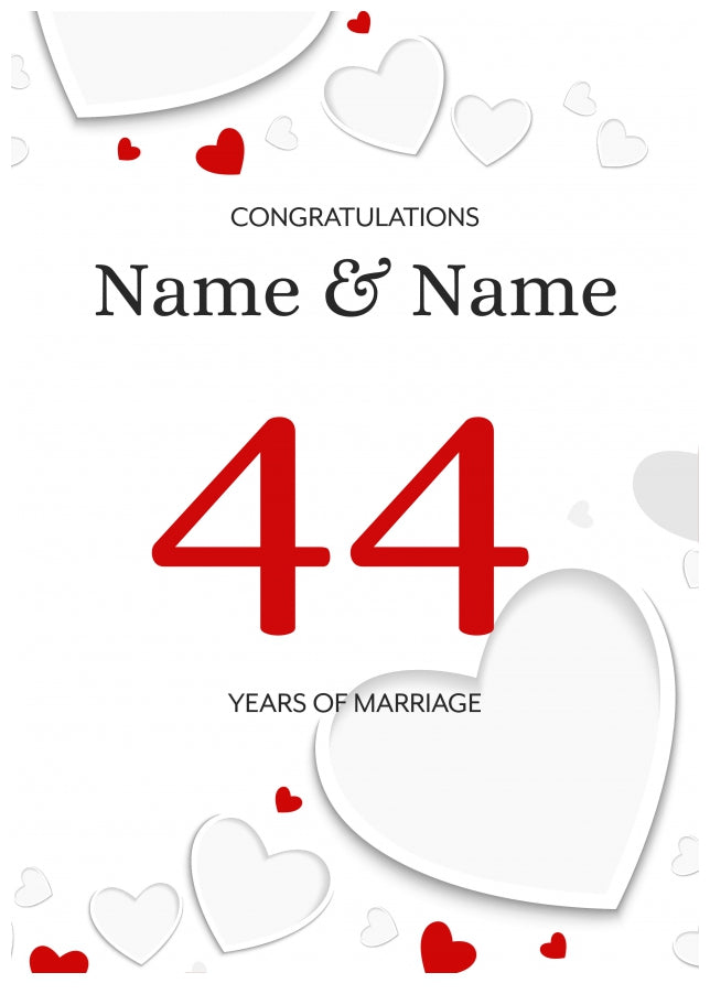 White Hearts 44 Years of Marriage Card for Couples