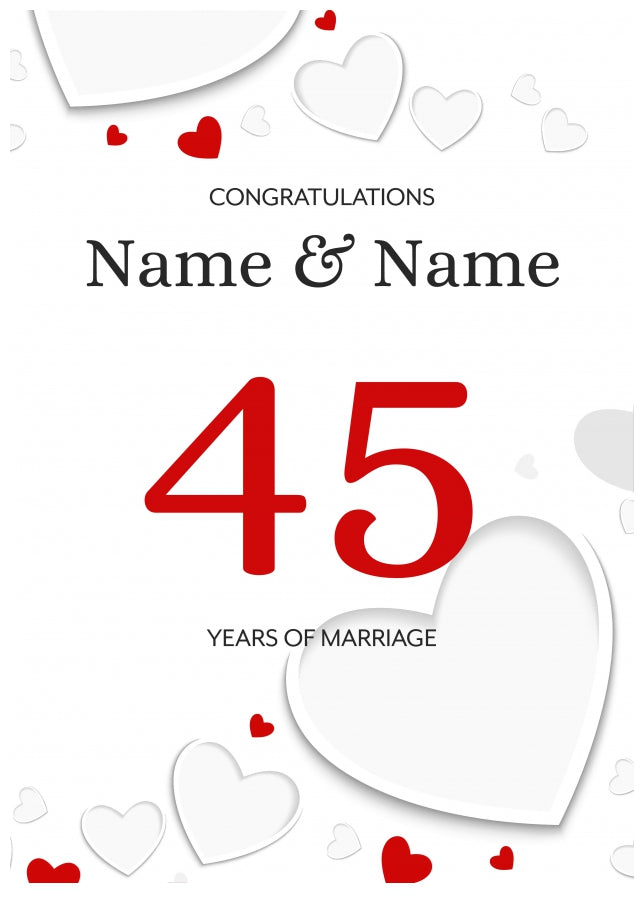 White Hearts 45 Years of Marriage Card for Couples