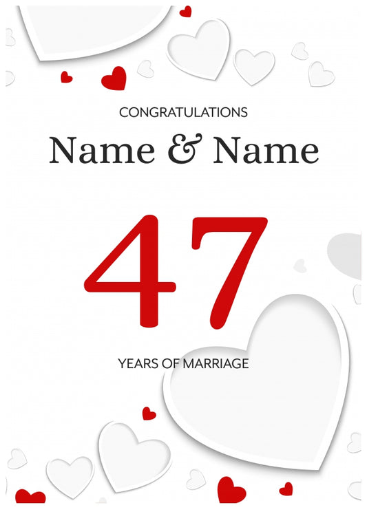 White Hearts 47 Years of Marriage Card for Couples